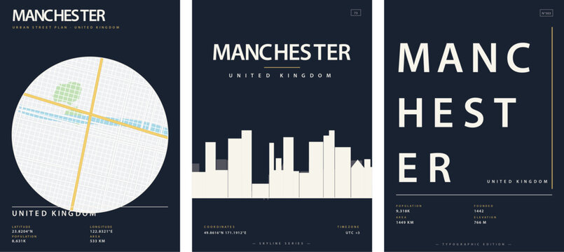 Set of minimalist city posters for manchester, united kingdom featuring urban street maps, skyline silhouettes, and typographic design elements in a modern dark aesthetic vector illustration
