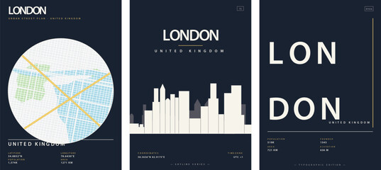 Set of minimalist posters featuring london, united kingdom, including a circular street map, a city skyline silhouette, and a typographic design with geographic data vector illustration © Taky