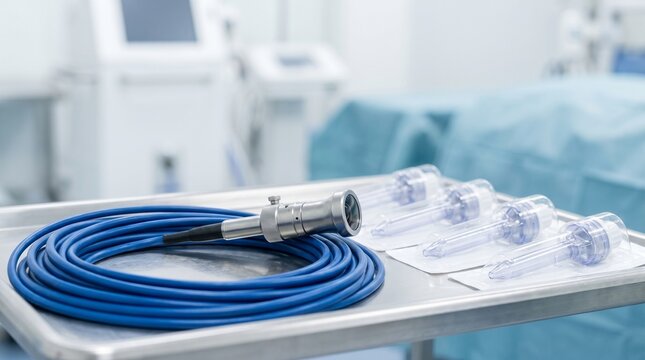 Laparoscopic optical cable and sterile disposable trocar cannulas on a metal tray in an operating room, concept of minimally invasive surgery preparation.