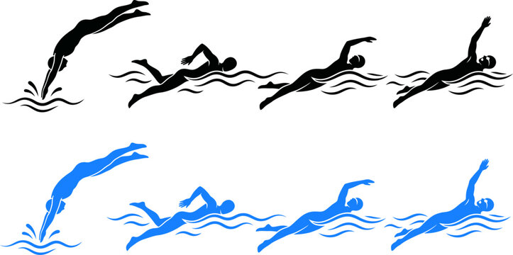 Set of swimming icons, swimmer diving and swimming freestyle stroke