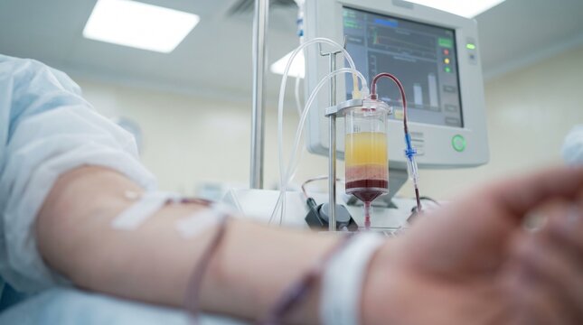 Peripheral blood stem cell collection by apheresis with blood separation chamber and patient arm in a clinic, concept of hematology treatment and transplant care.