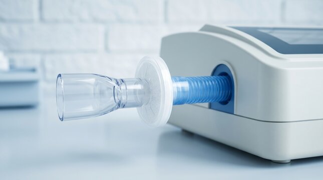 Close-up of a spirometer with disposable mouthpiece and breathing tube in a clean clinic room, concept of pulmonary function testing and respiratory diagnostics.