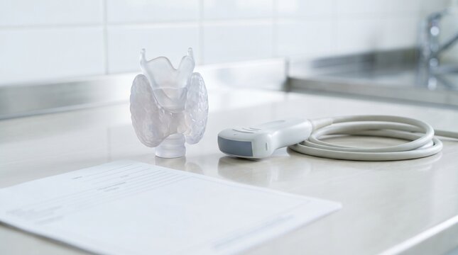 Thyroid gland model with ultrasound probe and medical report on a clean clinic table, concept of endocrinology, thyroid ultrasound and thyroid diagnostics.