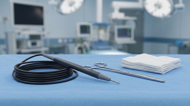 Electrosurgical pencil with cable, surgical forceps and gauze pads on blue sterile drape in operating room, concept of electrocautery, hemostasis and surgical preparation.