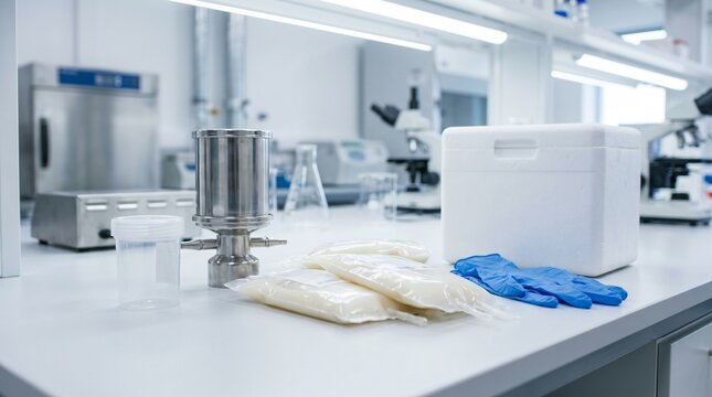 Fecal microbiota transplant preparation with a sterile sample container, filtration device, sealed medical bags, blue lab gloves and a cold storage box on a white laboratory bench.
