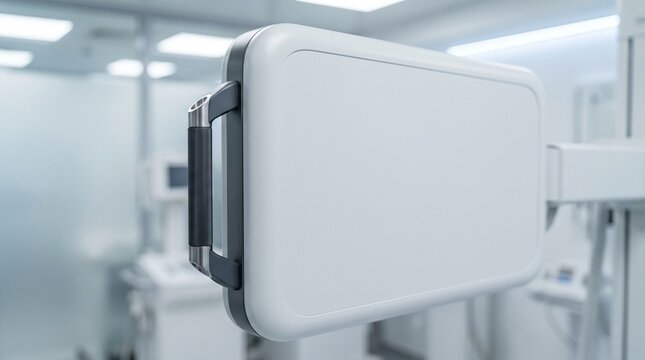 Close-up of a digital chest X-ray detector panel in a clean radiology room, concept of fluorography, lung screening and medical imaging diagnostics.