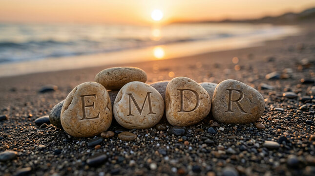Smooth stones engraved with EMDR letters arranged on a sandy beach at sunset, ocean waves and a golden sky background symbolising calmness, healing, and therapeutic connection with nature.