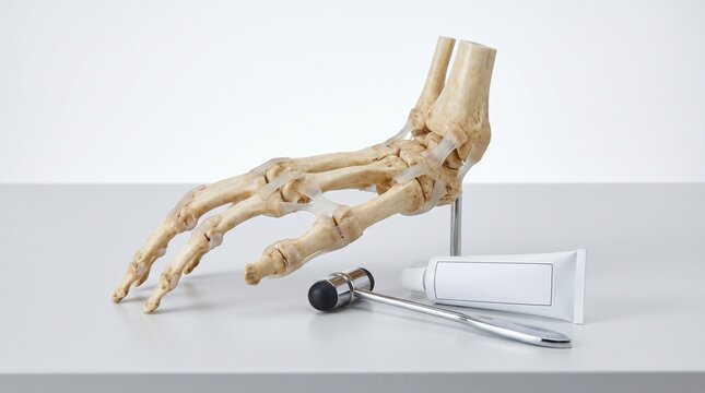 Foot and ankle skeleton model with reflex hammer and medical ointment on a clean clinic table, concept of podiatry, orthopedics and musculoskeletal care.