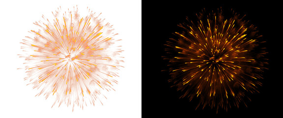 Obraz premium Golden firework burst on black and white backgrounds, sparkling festive pyrotechnics explosion, glowing firework display for New Year and holiday celebrations