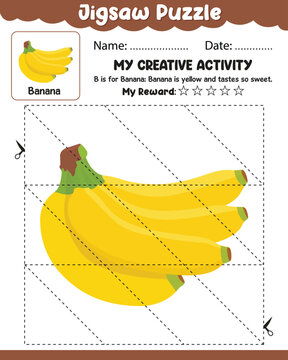 Jigsaw Puzzle: Banana with Reference Cut and Paste Activity Sheet with Name, Date and My Reward Vector