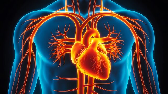 Human cardiovascular system anatomy with glowing heart illustration