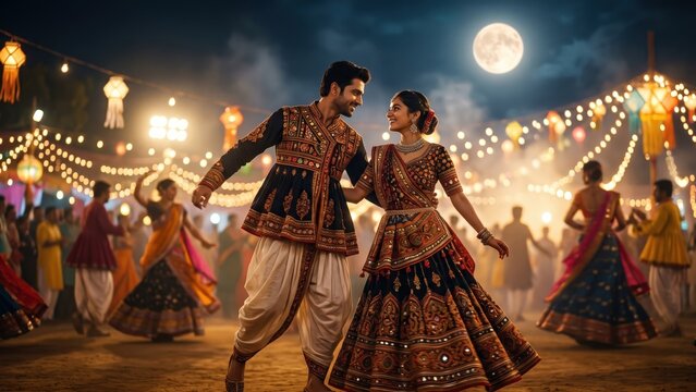Festive Gujarati Couple Dancing Garba During Navratri