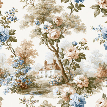 Cottagecore seamless pattern with an idyllic countryside house, lush trees, and blooming blue and beige floral elements