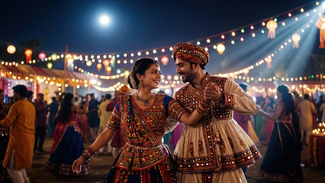 Beautiful Gujarati Couple Dancing During Navratri Festival