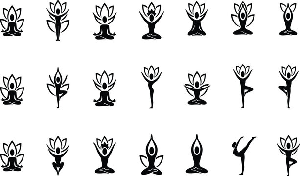 Yoga, meditation, pose, icons, set, lotus, flower, wellness, health, fitness, vector, silhouette, mindfulness, balance, spiritual, relaxation, exercise, lifestyle, harmony, abstract,