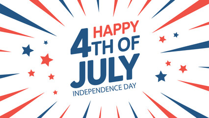 Fototapeta premium Happy 4th of July Independence Day Celebration Background with Patriotic Typography, American Holiday Greeting Design, Red Blue Starburst Festive Illustration