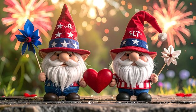 A festive scene of two garden gnomes holding pinwheels and a heart
