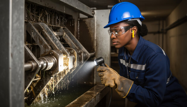 Professional female industrial mechanic wearing a blue hard hat and safety glasses using a bright flashlight to carefully inspect complex heavy machinery gears in a factory