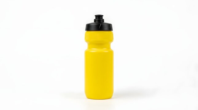 Vibrant yellow plastic cycling water bottle with black sipper cap, captured in a clean studio product shot, essential for athletic hydration and global bicycle racing events.