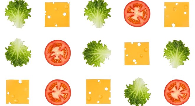 Fresh Burger Ingredients: Lettuce, Tomato Slices, and Cheese Slices Isolated on White Background