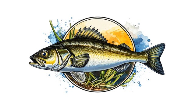 A fish with a hook in its mouth in front of a circular background