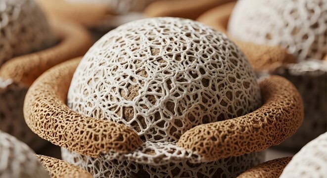 Phallales Mushroom with Unique Texture: A close-up macro shot reveals the intricate, net-like outer structure of a Phallales mushroom.
