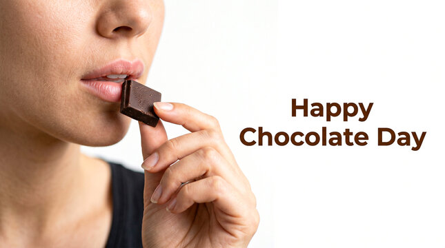 Happy Chocolate Day greeting card with woman eating dark chocolate, female mouth biting cocoa bar, sweet dessert celebration on white background