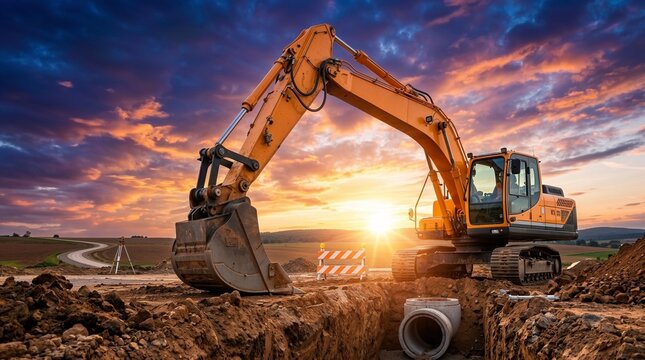 Excavator installing concrete pipe in trench at construction site during sunset