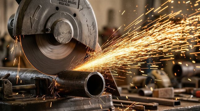 Metal chop saw cutting steel pipe with bright sparks in workshop