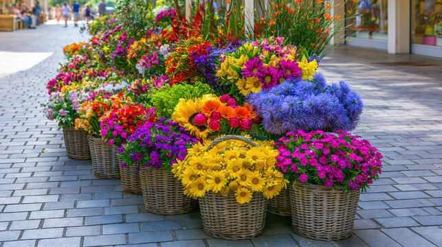 Vibrant Flower Arrangements in Wicker Baskets on a Cobblestone Path