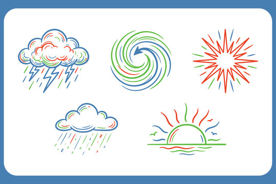 Weather icons with rain clouds lightning sun and starburst on white background