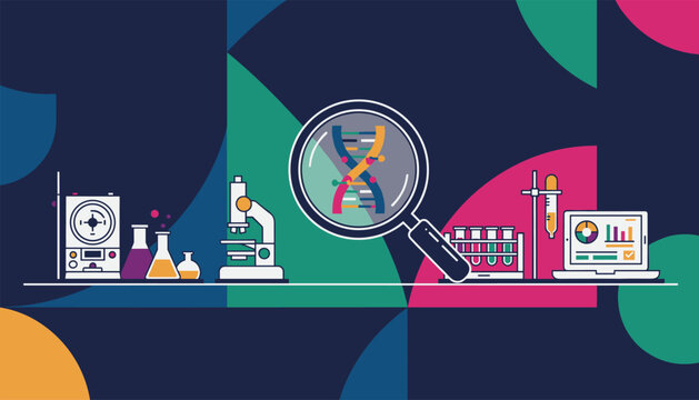 Modern scientific research laboratory with microscope flasks and high tech computer analyzing dna genetic structures.