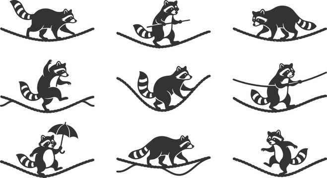 Collection of playful raccoon characters walking on tightropes representing balance and adventure vector illustration