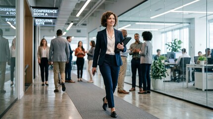 Fototapeta premium Confident female corporate leader walking through busy modern open-plan office hallway carrying a folder and smiling.