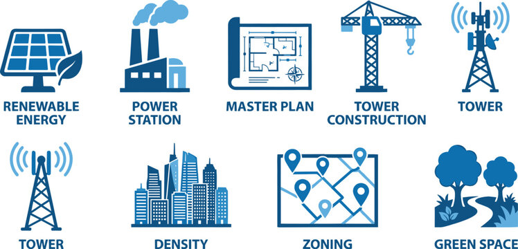 Smart city planning vector icon set with renewable energy power station master plan zoning and green space.