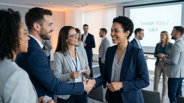 Diverse business people handshake and networking at corporate conference conclusion with question answer slide.