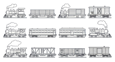 Retro steam locomotive and railway wagon outline set © tira