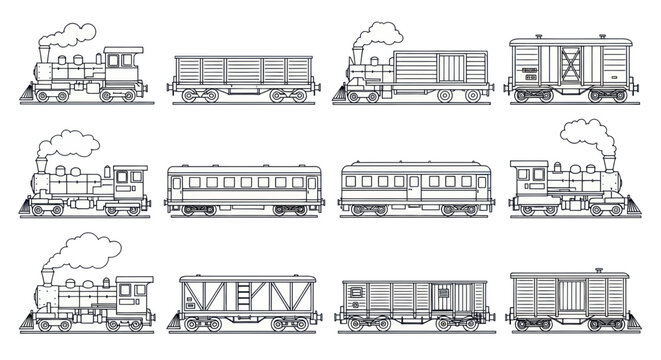 Retro steam locomotive and railway wagon outline set