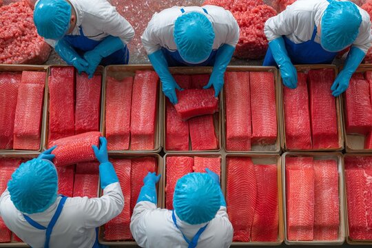 Top view of the tuna processing process at the factory. Workers in protective clothing sort and process fish on an industrial line.
