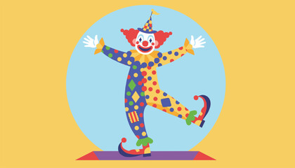 Naklejka premium Energetic circus clown wearing a colorful polka dot costume with a pointed hat dancing happily against a light blue circular backdrop.