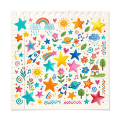 Fototapeta premium Whimsical Doodle Collection: Stars, Clouds, Sun, Rainbows, Rockets, Space, Nature