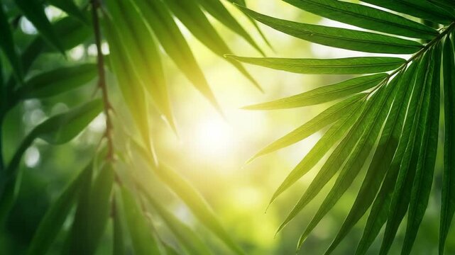 The Palm Leaves Forming a Tropical Green Frame with Bright Sunlit Center.