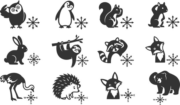 Set of cute woodland animals and birds with wind rose compass symbols for hiking navigation and adventure branding