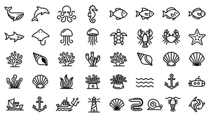 Collection of hand-drawn marine life and nautical elements. © su