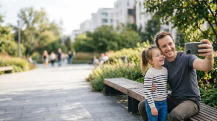 Obraz premium Father and daughter taking selfie together, modern lifestyle and bonding, Father's Day