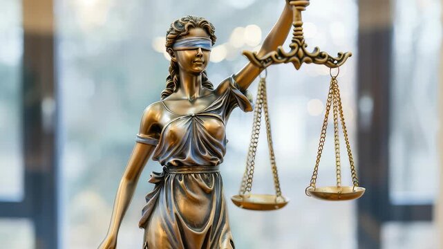 A detailed, medium shot of a bronze Lady Justice statue with a blindfold. She holds balanced scales, symbolizing fairness and impartiality in the justice system against a blurred background.