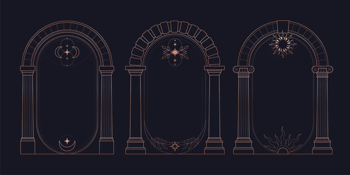 Celestial arch frames set with mystic moon, sun and stars on black background. Vector illustration of elegant golden boho borders with antique Greek pillars, esoteric and astrology cards design