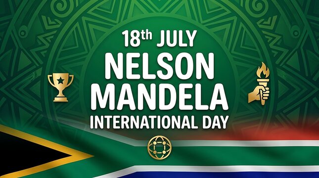 Colorful international nelson mandela day celebration poster with trophy and torch symbols design