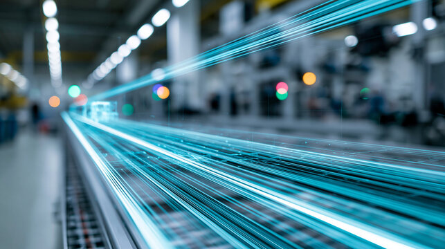 Abstract digital twin simulation running parallel quality validation tests on a virtual product model, smart manufacturing QA and Industry 4.0 concept, defocused background, with