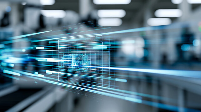 Abstract digital twin simulation running parallel quality validation tests on a virtual product model, smart manufacturing QA and Industry 4.0 concept, defocused background, with